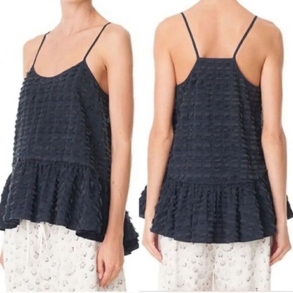 Tibi Fil Coupe Fringe Ruffle Cami Tank Top in Navy Blue Size 6 - Picture 2 of 12